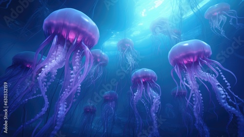 Jellyfish underwater background. Glowing Transparent jelly fish swim deep in blue sea. Realistic Medusa neon fantasy Detailed deep ocean creature. AI illustration. © Oksana Smyshliaeva