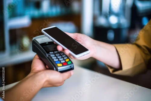 Closeup of businesswoman using mobile phone and credit card reader in cafe. created with generative AI technology.