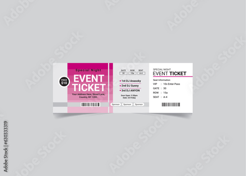 Music, Dance, party, Live Concert entrance vector tickets templates. Modern elegant illustration template of Ticket Card