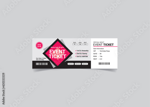 Music, Dance, party, Live Concert entrance vector tickets templates. Modern elegant illustration template of Ticket Card