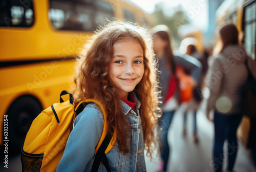 A red-haired freckled elementary school girl boards a yellow school bus. The schoolgirl is happy. The girl dressed in her favorite denin jacket. Back to school. Fictional person. Generated Ai photo