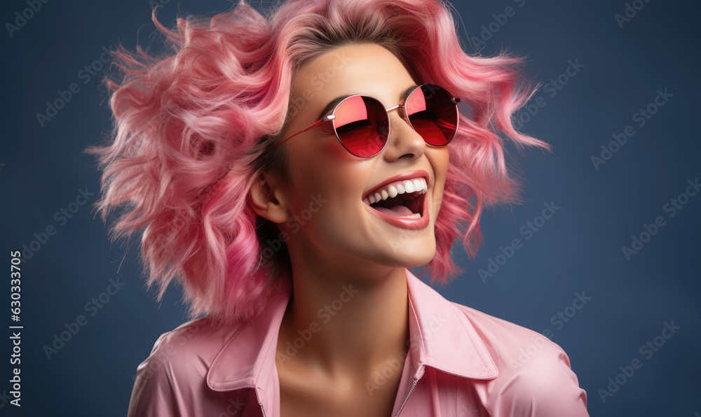 Modern adult woman in stylish pink clothes with pink hair, laughs very hard Modern adult woman in stylish pink clothes with pink hair, laughs very hard