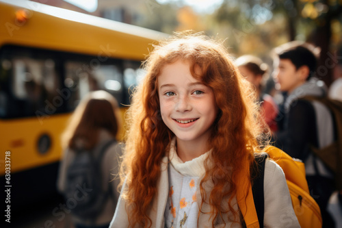 A red-haired freckled elementary school girl boards a yellow school bus. The schoolgirl is happy. The girl dressed in her favorite sweater. Back to school. Fictional person. Generated Ai