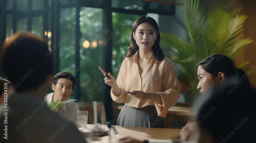 young asian manager businesswoman giving a presentation business stretegy goal vision plan to her colleagues in an conference meeting room in modern interior office background,ai generate
