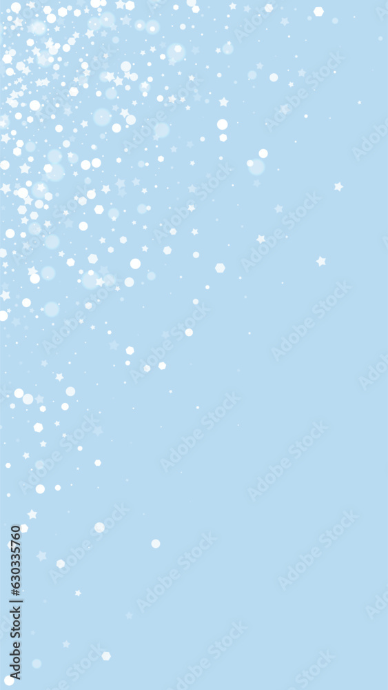Falling snowflakes christmas background. Subtle flying snow flakes and stars on light blue winter backdrop. Beautifully falling snowflakes overlay. Vertical vector illustration. Falling snowflakes christmas background. Subtle flying snow flakes and stars on light blue winter backdrop. Beautifully falling snowflakes overlay. Vertical vector illustration.