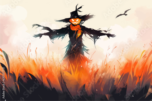 Fantasy illustration of a halloween scarecrow in a field. AI generated