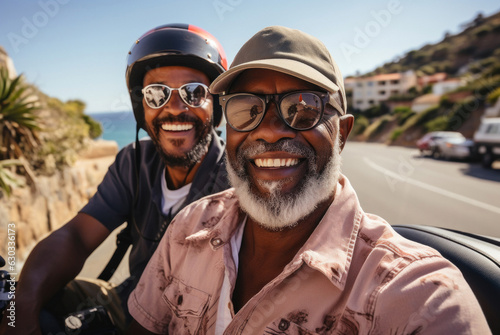 African entrepreneur ride a scooter, radiating determination and ambition as they navigate the urban landscape on their way to vacation summertime concept. Fictional people generated by AI.