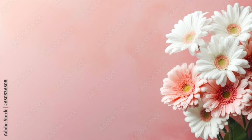 Bouquet of white chamomiles on pink background with copy space.