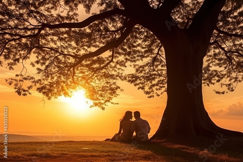 Sunset photo of a loving couple sitting under the tree.