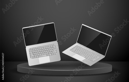 Blank frameless laptop screen. Realistic laptop in different positions and angles. Generic device model. Laptop frame with isolated blank view. Set of realistic isolated simple 3D for mobile devices.