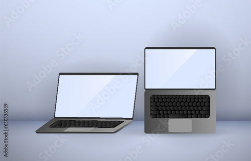Blank frameless laptop screen. Realistic laptop in different positions and angles. Generic device model. Laptop frame with isolated blank view. Set of realistic isolated simple 3D for mobile devices.