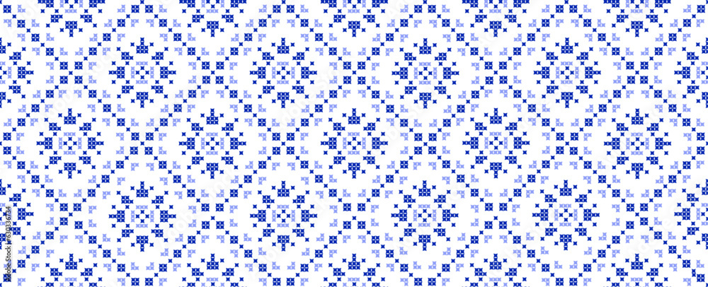 Vector flat illustration. Trendy seamless abstract pattern of blue and blue crosses on a white background. Ukrainian theme. Perfect for screensaver, poster, card, invitation or home decor.