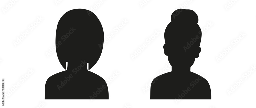 Vector flat illustration. Black silhouette of two women. Avatar, user profile, person icon, profile picture. Suitable for social media profiles, icons, screensavers and as a template.