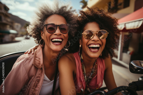 Two African girlfriends share laughter on scooter ride by sea, capturing essence of joyful friendship against the backdrop of a serene coastal scene summertime vacation.