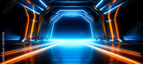 Abstract neon digital technology tunnel. Futuristic technology and abstract background with lines.. Ai generation