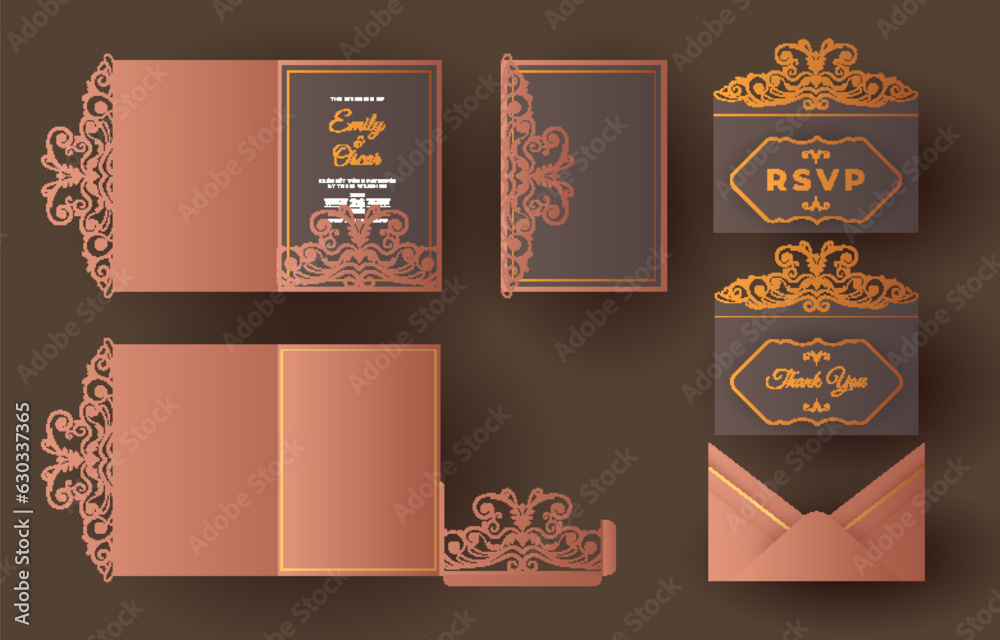 Wedding invitation template with square gate pleats and laser cutting