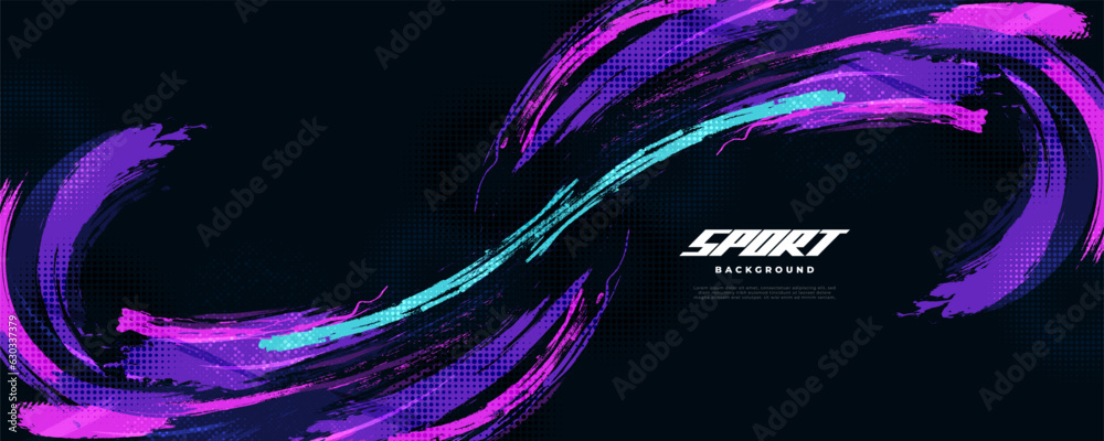 © WzKz - Abstract and Colorful Brush Background with Halftone Effect. Sport Banner. Brush Stroke Illustration. Scratch and Texture Elements For Design