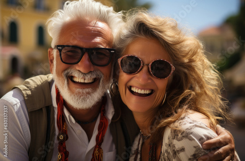 European elderly couple enjoys a conversation at a quaint seaside village café. Fictional people by AI. Happy adorable husband and wife wearing stylish clothes spending time with fun on vacation.