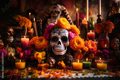 Mexican altar at home, decorated for Dia de los muertos. Day of The Dead. 