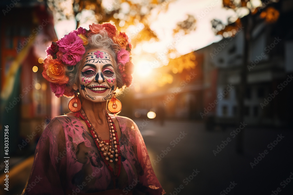 Smiling elderly woman with sugar skull makeup and with flower hat outdoors. Dia de los muertos. Day of The Dead. Copy space.