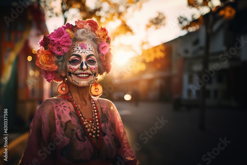 Smiling elderly woman with sugar skull makeup and with flower hat outdoors. Dia de los muertos. Day of The Dead. Copy space.
