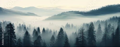 Misty foggy mountain with green forest and copyspace for your text. © Michal