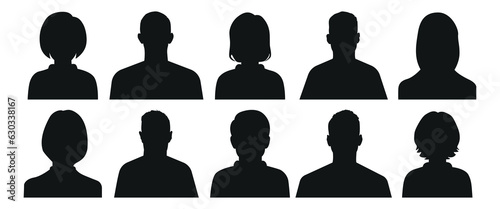 Vector flat illustration. Ten icons. Black silhouette of men and women. Avatar, user profile, person icon, profile picture. Suitable for social media profiles, icons, screensavers and as a template.