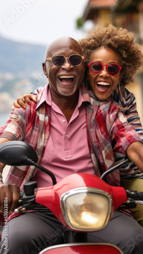 African elderly couple rides on a scooter, feeling a strong sense of belonging and togetherness with their friends and neighbors. Fictional people. Generated Ai.