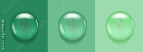 Transparent serum swatch on mint, olive and aloe green background. Essential glycerin cream toner concept. Oily moisture smear puddle. Round wash fuid microscope realistic blob.