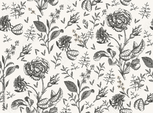 Seamless pattern Roses wildflowers. Beautiful fabric blooming realistic isolated flowers Vintage background Wallpaper baroque. Drawing engraving Vector victorian illustration © Наталья Лобенко