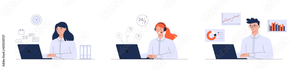 People working in the office. Various positions: hr, call center specialist, data analyst. Vector business illustration People working in the office. Various positions: hr, call center specialist, data analyst. Vector business illustration