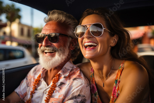 Elderly couple wearing glasses smiles riding in taxi, heading to vibrant city, feeling excited to explore new adventures together. Summertime experience abroad. Fictional people. Generated Ai.
