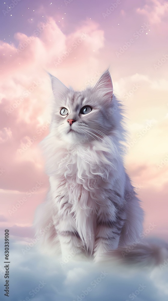 Elegant white cat sitting on clouds light pink background phone hd wallpaper ai generated