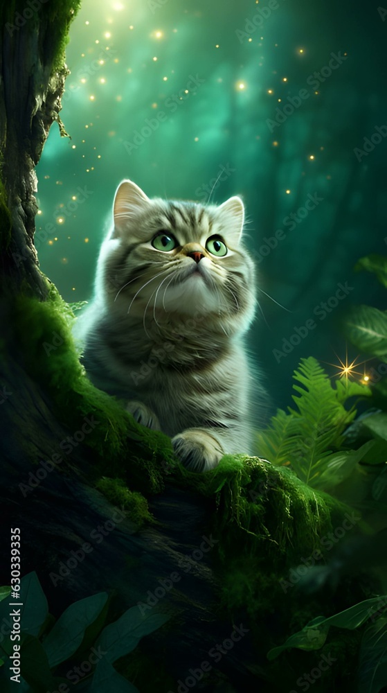 Tabby cat in an enchanted green forest phone hd wallpaper ai generated ...