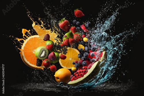 Fresh fruits with water splash isolated on black background. generative ai