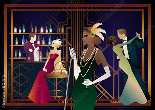 night club with singer on stage and people dance and drink alcohol. Vector illustration