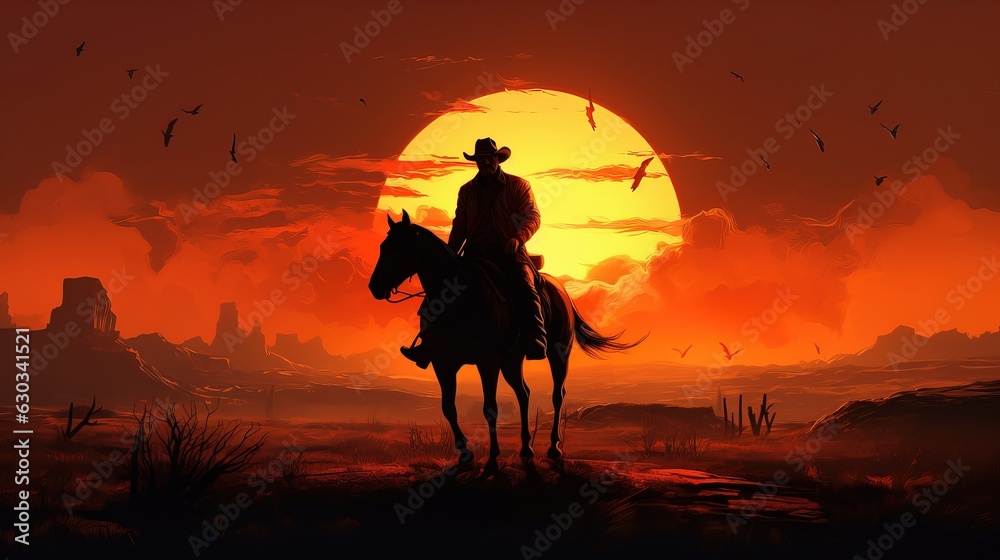 A cowboy riding a horse during sunset. Rider silhouette.