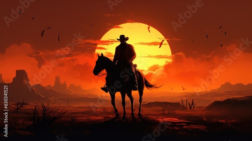 A cowboy riding a horse during sunset. Rider silhouette. © Stavros