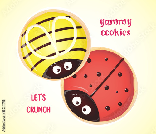 Funny baby cookies with bee and ladybug characters