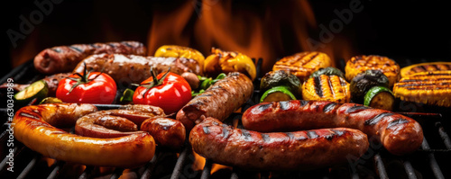 Assorted grilled sausage and meat. panorama photo