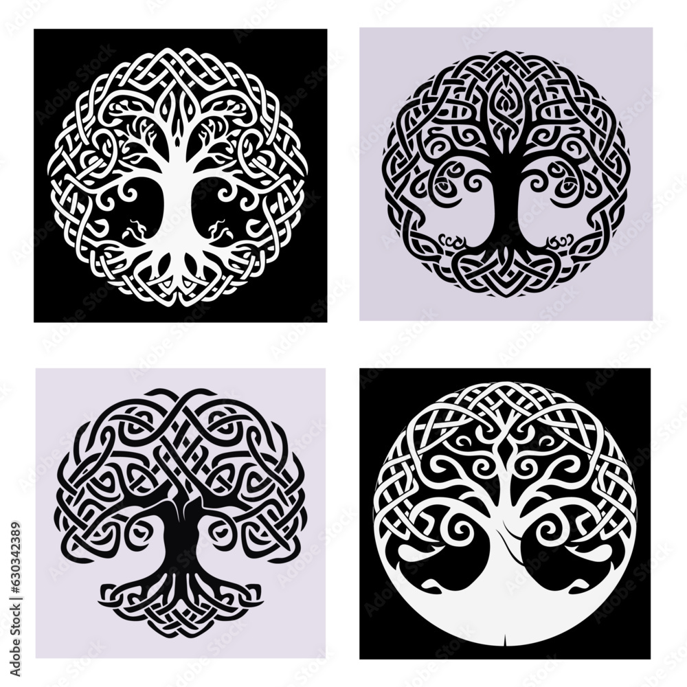 Naklejka premium Decorative Celtic tree of life Vector ornament. Graphic arts, dot work. Grunge vector illustration of the Scandinavian myths with Celtic culture.