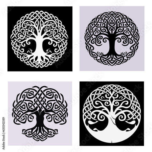 Decorative Celtic tree of life Vector ornament. Graphic arts, dot work. Grunge vector illustration of the Scandinavian myths with Celtic culture.
