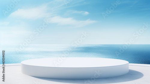 3d luxury white podium with blur ocean and blue sky for your luxury product.Generative AI