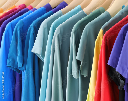 Fashion Essentials: Colorful T-Shirts Hanging on a Hanger, a Showcase of Wardrobe Choices for Stylish and Casual Outfits