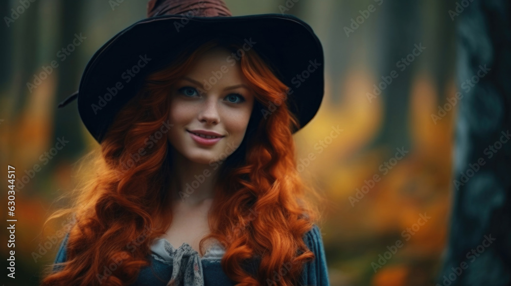 Young cute beautiful caucasian woman with red hair in dark witch cone hat smiling looks at camera. Sorceress in autumn forest. Wizard. Female portrait. Concept of Halloween, magic, fall. Generative AI Young cute beautiful caucasian woman with red hair in dark witch cone hat smiling looks at camera. Sorceress in autumn forest. Wizard. Female portrait. Concept of Halloween, magic, fall. Generative AI