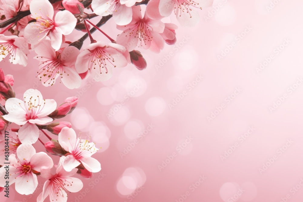 Banner with pink sakura branch on pink bokeh background, greeting card with copy space, Generative AI