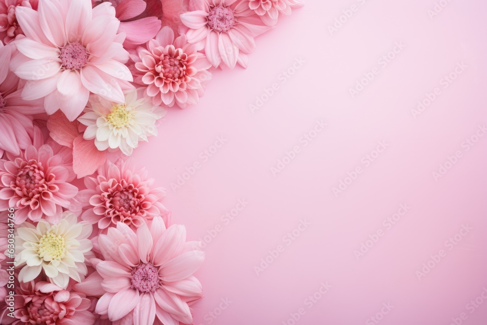 Banner with white and pink chrysanthemum flowers  on pink background, greeting card with copy space, Generative AI