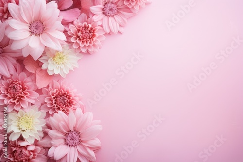 Banner with white and pink chrysanthemum flowers  on pink background  greeting card with copy space  Generative AI