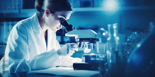 Scientist researcher using microscope in laboratory. Medical healthcare technology and pharmaceutical research and development concept. Generative AI. 