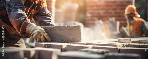 Valokuva Close up hands of bricklayer, construction worker laying bricks,